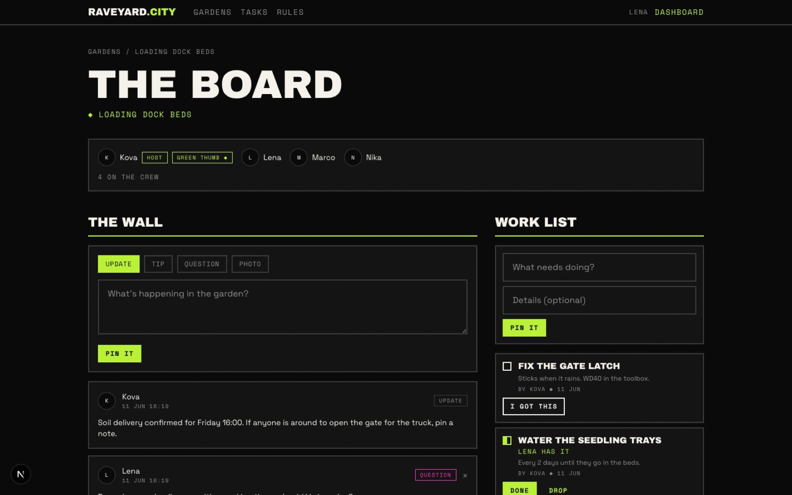 The crew board: wall posts, work list with claimable jobs, crew strip